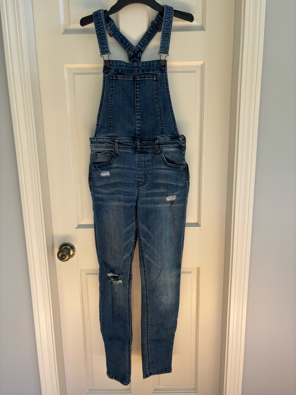 Celebrity Pink Distressed Dark Blue Denim Overalls